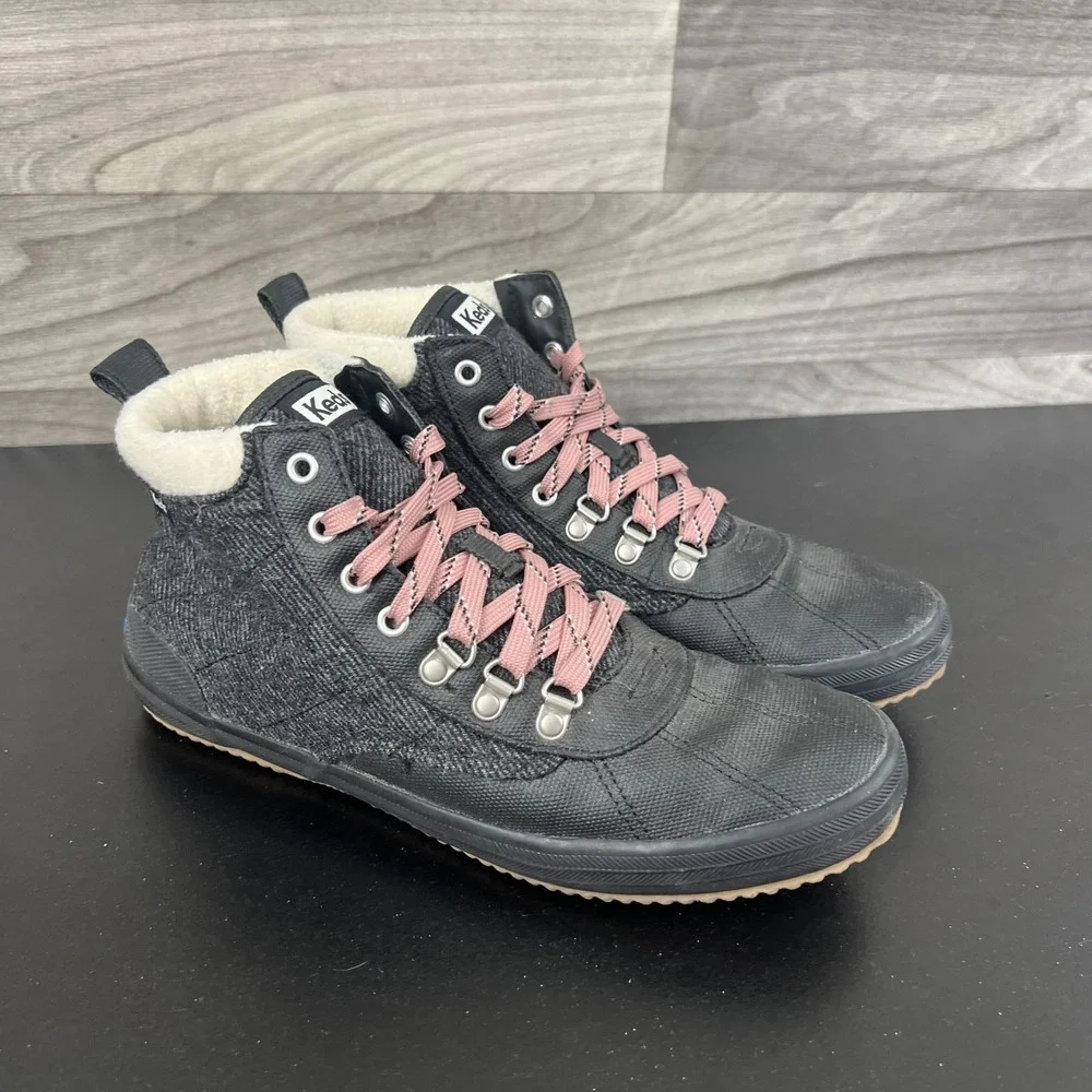 Keds Lace Up Ankle Boots Women's Size 9.5 Gray Black Casual Comfort Fleece Lined